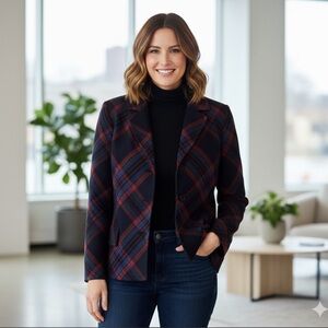 Talbots Women's Navy and Red Plaid Blazer